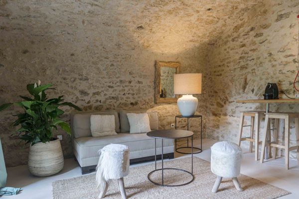 Salon en pierres apparentes dans une chambre d'hôtes en région parisienne