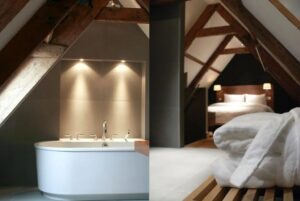 Chambre 2 pers en sous pente avec poutres apparentes, à l'appart hôtel Texel Suites