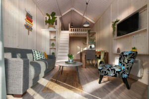 vue intérieure du bungalow avec salon TV et coin cuisine