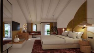 chambre de charme avec salon et fauteuil suspendu en Espagne