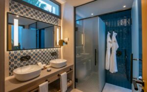salle de bain avec double vasque et douche dans les teintes bleues