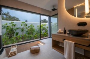 salle de bain avec baignoire dans le sol et vue sur le jardin