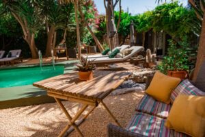 vue du jardin et des transats, coin cosy et chaleureux pour se reposer et se rafraîchir