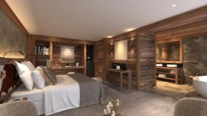 Suite cosy et chaleureuse tout en bois avec salle de bain ouverte
