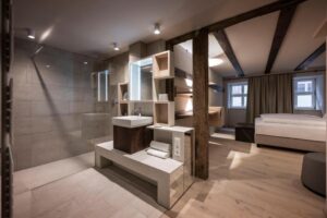 salle de douche ouverte sur la chambre de l'hôtel Goldene Rose en Bavière