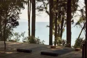 terrasse accueillant des cours de yoga à l'ombre de la végétation et face à la mer