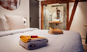 lit d'une chambre double avec salle de douche dans la Drenthe