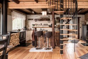 cuisine équipée avec poêle à bois pour chauffer la maison