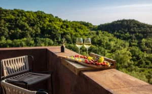 bar de l'hôtel avec terrasse offrant une vue panoramique sur les vignobles et les oliveraies environnants
