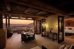 grande terrasse avec vue panoramique sur le désert dans une chambre deluxe de l'hôtel