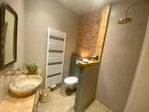 salle de douche avec wc à l'appartement airbnb Tiny Beachhouse à Scheveningen