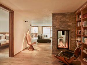 séjour d'une suites spacieuse et chaleureuse avec cheminée et bibliothèque