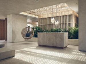 lobby de l'hôtel à l'architecture minérale