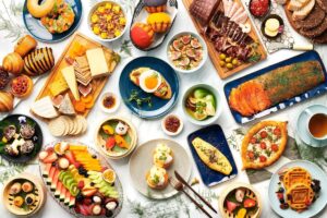 éventail des mets disponibles tous les matins au petit-déjeuner buffet inclus dans le prix de la chambre