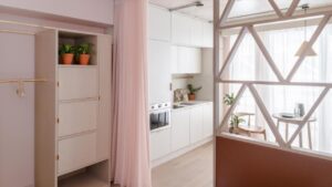 entrée d'un studio avec rangement et donnant sur la kitchenette