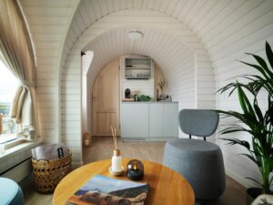 séjour et kitchenette dans un igloo à Tallinn pour un séjour atypique et insolite sur les bords de la mer Baltique