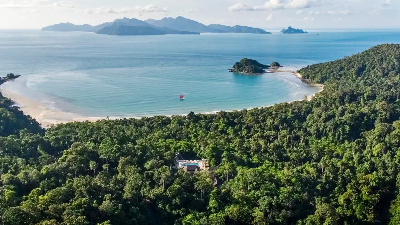 vue aérienne de la plage et de l'hôtel niché au milieu de la vég&tation