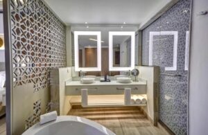 salle de bain avec baignoire ouverte sur la chambre