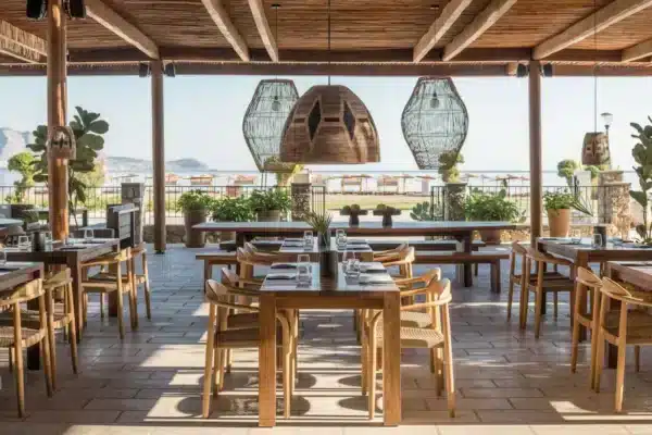 restaurant extérieur de l'hôtel avec vue sur la mer