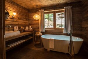 salle de bain d'une suite dans un chalet tout en bois à l'hôtel Maiensässhotel Guarda Val