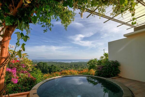 piscine privée avec vue mer dans un hôtel de Pemuteran au nord-ouest de Bali