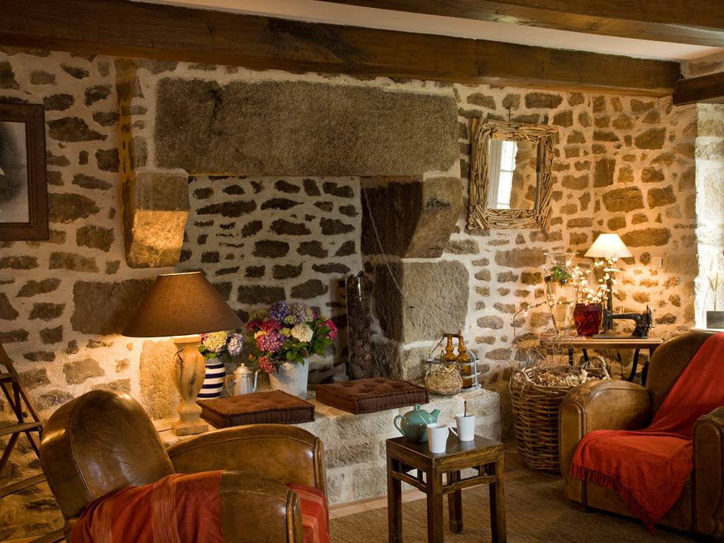 Salon cosy avec l'ancienne cheminée en pierre