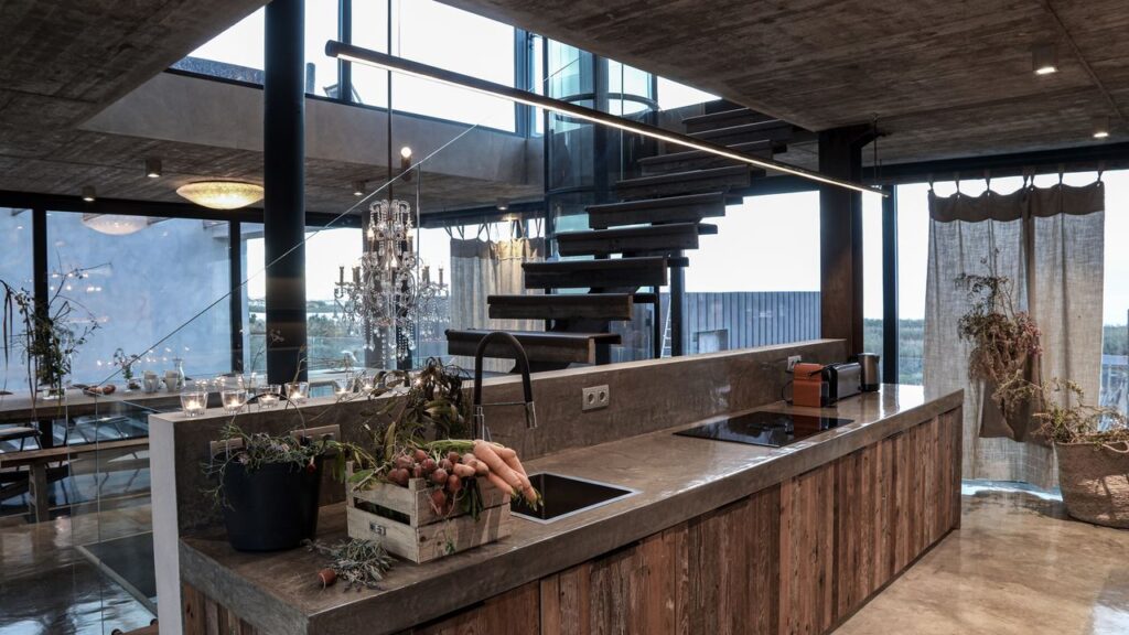 cuisine ouverte sur le séjour dans une villa moderne en location vacances au portugal