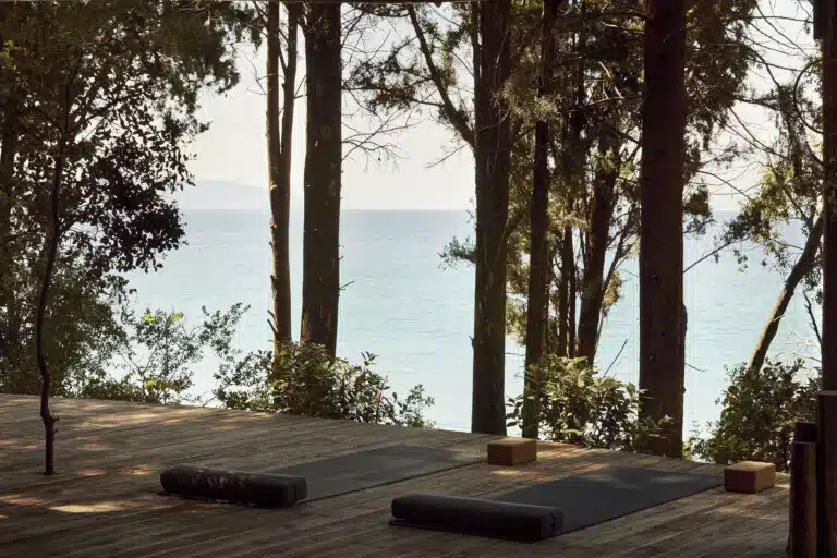 terrasse accueillant des cours de yoga à l'ombre de la végétation et face à la mer