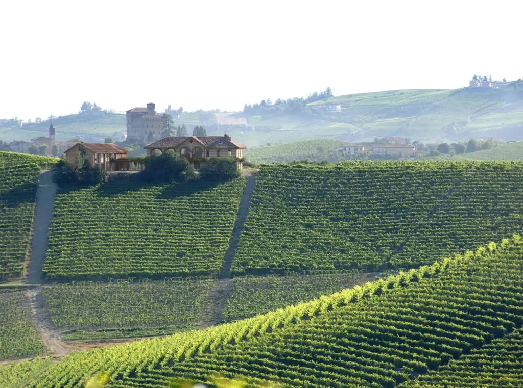 Vue de l'hôtel Villagio Narrante Cascina Galarej depuis les vignes du Barolo dans le Piémont