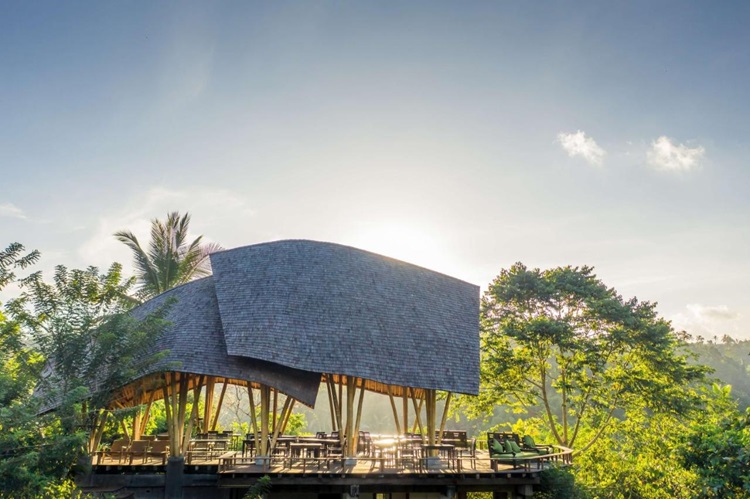 vue aérienne du restaurant de l'hôtel Buahan situé au cœur de la végétation de Bali, sur les hauteurs d'Ubud