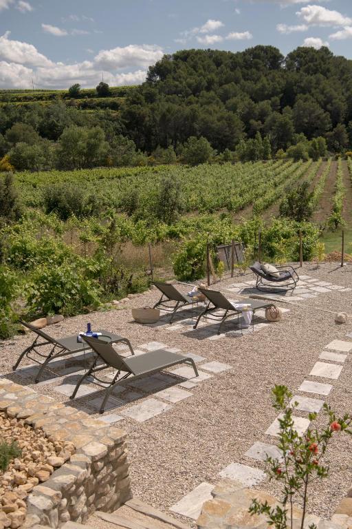 transat au bord de la piscine avec vue sur les vignes