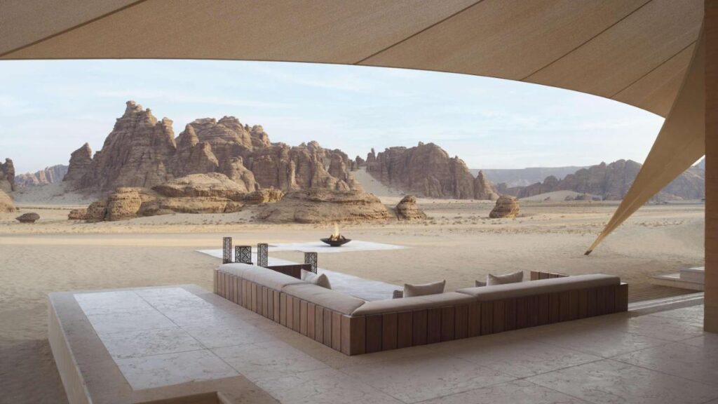 terrasse privée d'une des villas offrant une magnifique vue sur le désert