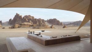 terrasse privée d'une des villas offrant une magnifique vue sur le désert