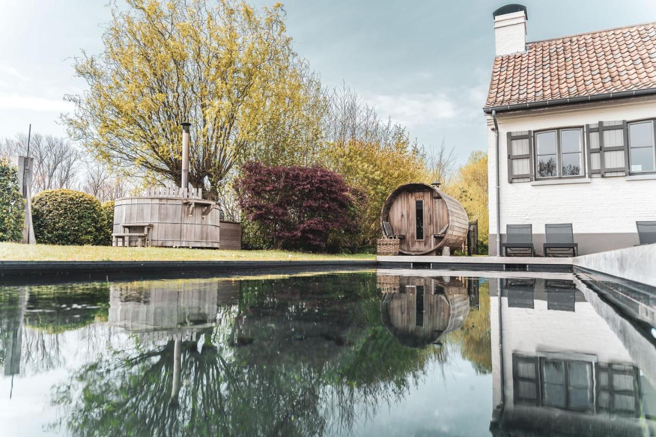 jardin avec piscine extérieure, sauna et bain nordique dans la chambre d'hôtes de charme B&B Extra Verte entre Bruges et Ostende en Belgique
